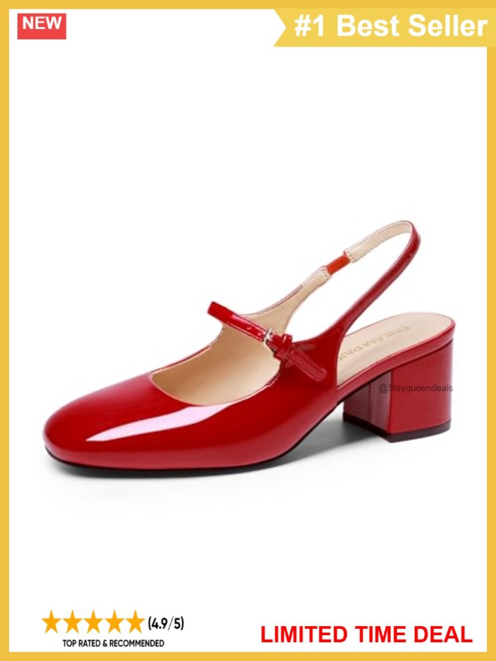 Mary Jane Low Chunky Block Heels Slingback Square Toe Patent PU Dress Pumps